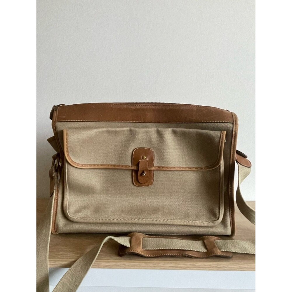 Brahmin x Sperry canvas vintage messenger laptop bag beige brown leather trim